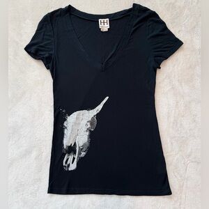 Haute Hippie Skull Graphic V Neck Tee Women XSmall Black Crystal Embellishment